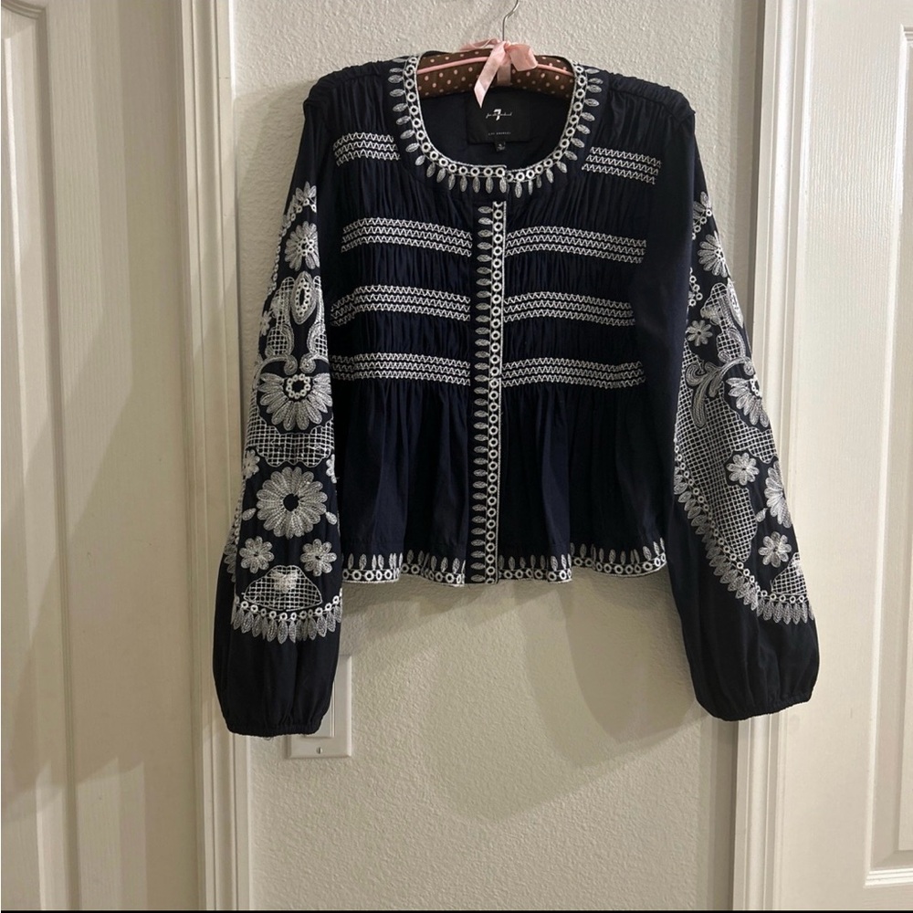 7 FOR ALL MANKIND EMBROIDERED NAVY & WHITE COTTON ROUND NECK JACKET-NEW! SZ. S